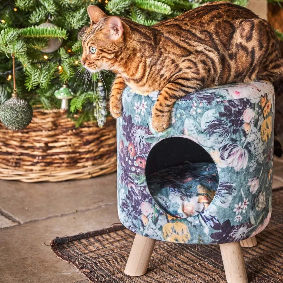 Intratuin Pouf mit Katzenkörbchen Blumenprint D 35 H 42 cm
