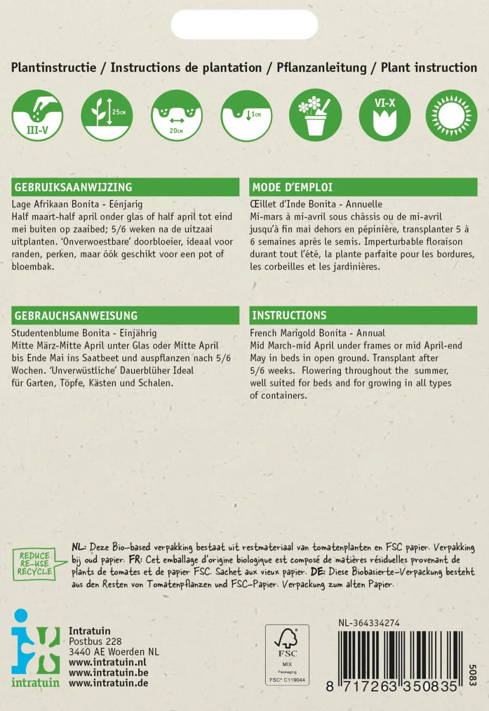 Intratuin Studentenblume (Tagetes patula nana 'Bonita') Blumensamen-Mischung