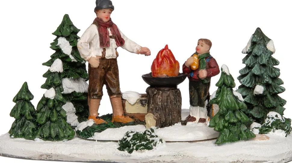 Intratuin Weihnachtsdorf Figur Lagerfeuer mit Mann und Kind 15 x 8,5 x 8 cm