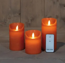 LED Stumpenkerzen 3er-Set mit Fernbedienung orange / kupfer