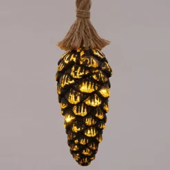 Weihnachtsleuchte Tannenzapfen mit Seil gold D 10 cm mit 15 LEDs warmweiß